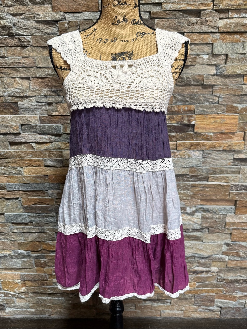 Colorblock Flowy Crochet Lace Mini Dress Boho Coastal Pink Purple Gray Medium